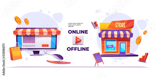 Online to offline banner. O2O sales system, ecommerce and retail business. Vector landing page of marketing strategy with cartoon illustration of shop building and online market on computer screen