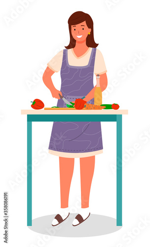 Female character making dish of fresh ingredients, isolated woman cutting veggies in pieces. Person using sharp knife to chop tomato, carrot and bell pepper. Cooking at home, vector in flat style