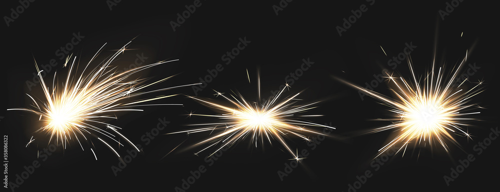 Weld sparks isolated on black background. Vector realistic flare effect of metal welding, iron cutting, fireworks or electric flash. Set of light flashes of industrial works with steel or firecrackers - obrazy, fototapety, plakaty 