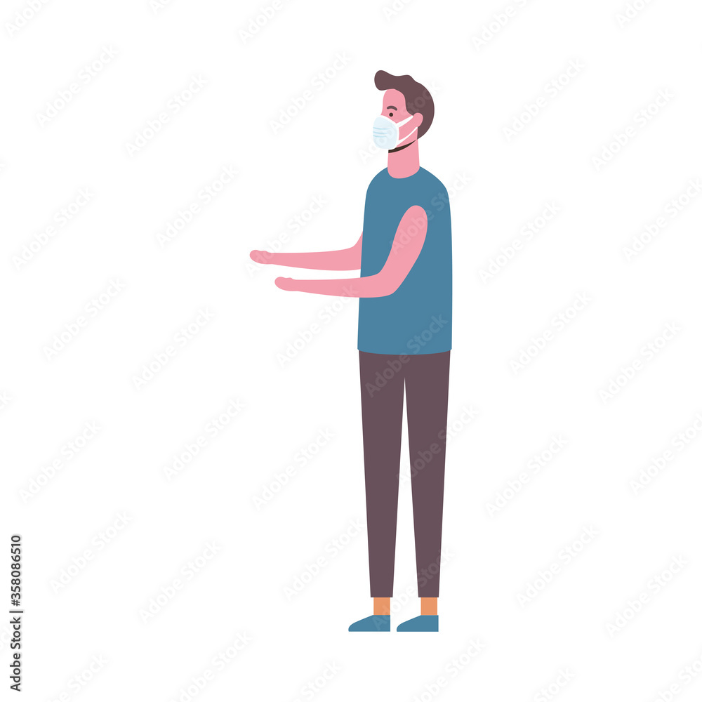 Man with medical mask and open hands vector design