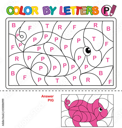 ABC Coloring Book for children. Color by letters. Learning the capital letters of the alphabet. Puzzle for children. Letter P. Pig