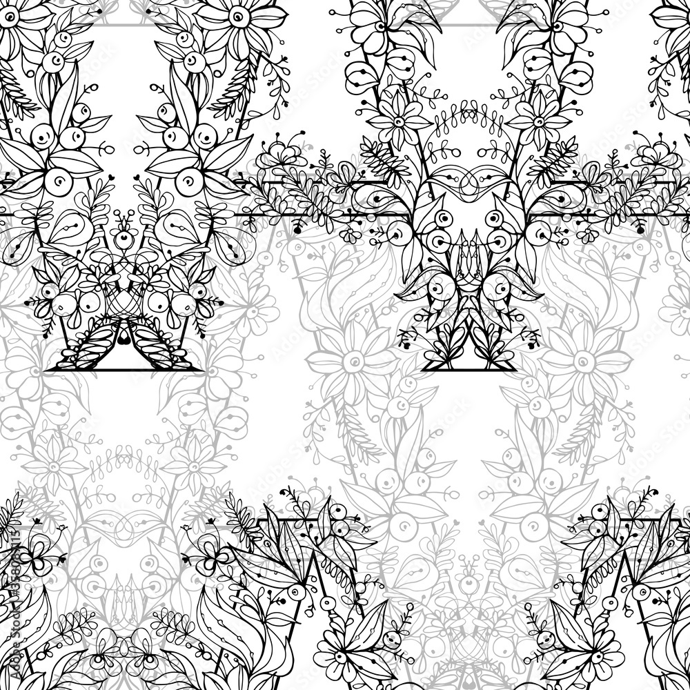 Fototapeta premium Abstract linear flowers and letters seamless pattern