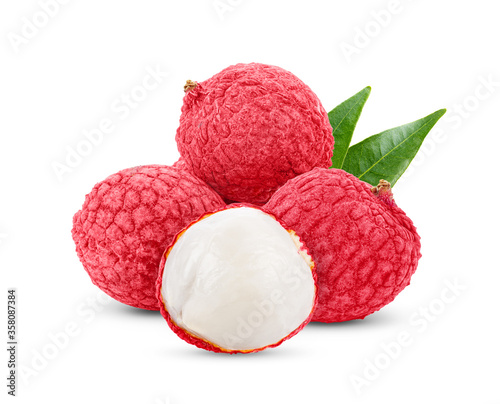lychee tropical fruit with leaves on white background.