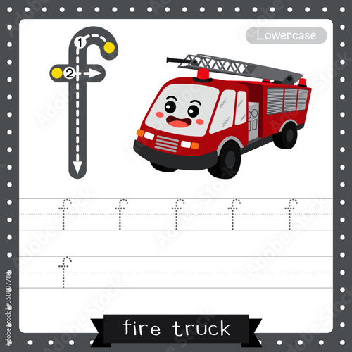 Letter F lowercase tracing practice worksheet. Fire Truck