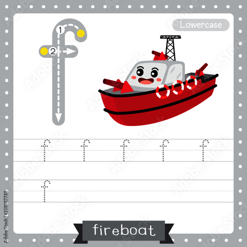 Letter F lowercase tracing practice worksheet. Fireboat