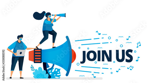 Vector illustration of join us program for employee recruitment at new normal and pandemic. Worker hire announcements. Design can be used for landing page, website, mobile app, poster, flyers, banner