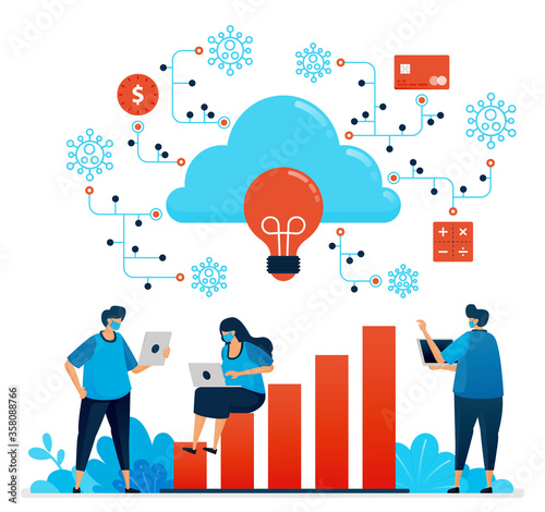 Vector illustration of working during covid 19 pandemic with cloud computing. New normal financial security network. Design can be used for landing page, website, mobile app, poster, flyers, banner