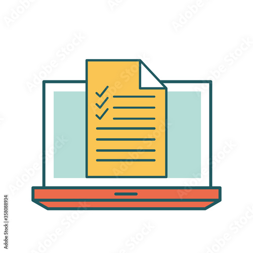 laptop and document line and fill style icon design, Education online and elearning theme Vector illustration
