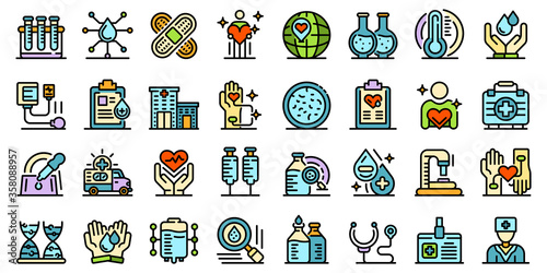 Blood donation icons set. Outline set of blood donation vector icons thin line color flat isolated on white