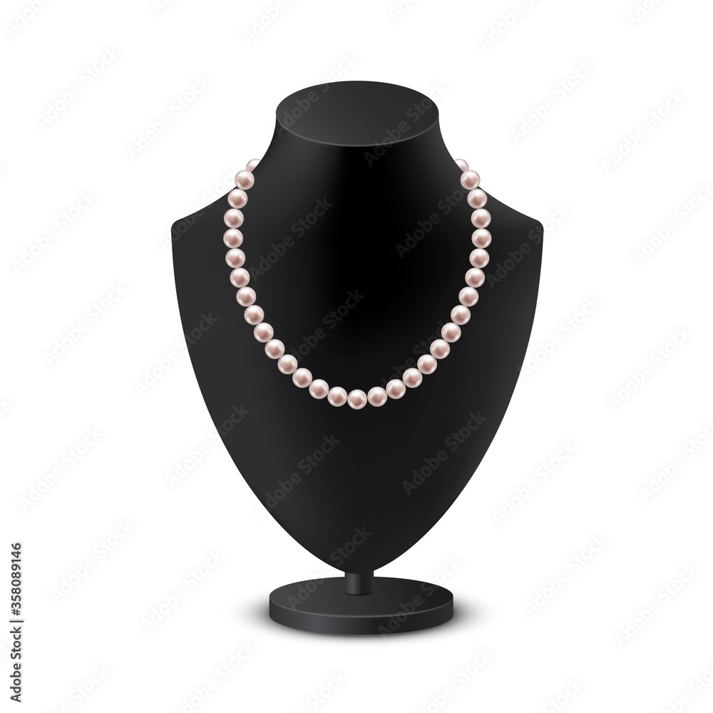 Female bust mannequin with necklace realistic illustration. Black neck model rack with collar of white pearls. Female bust mannequin with necklace realistic illustration. Black neck model rack with collar of white pearls.