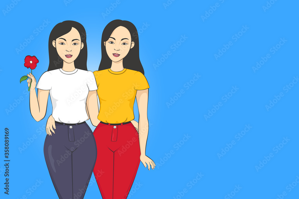 Asian twin sisters. Cartoon style. Vector illustration. Stock Vector |  Adobe Stock