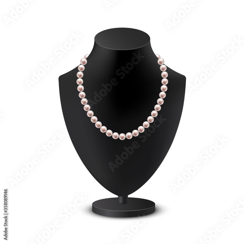 Female bust mannequin with necklace realistic illustration. Black neck model rack with collar of white pearls.