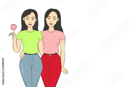 Asian female-female twins. Vector illustration.