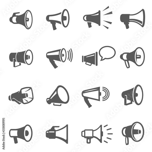 Megaphones, speakers line and bold black icons set. Loudspeakers, bullhorns pictograms.