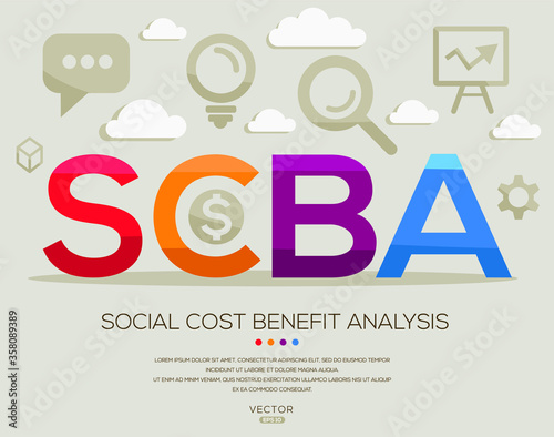 SCBA mean (social cost benefit analysis) ,letters and icons,Vector illustration.