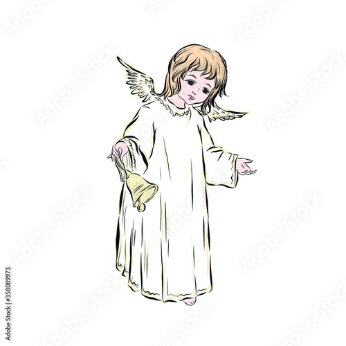 Angel prays to God. Divine heavenly symbol of the guardian angel of man. Character from Bible, Gospel. Design for Christmas and Easter. Adorable child with wings isolated on white background.