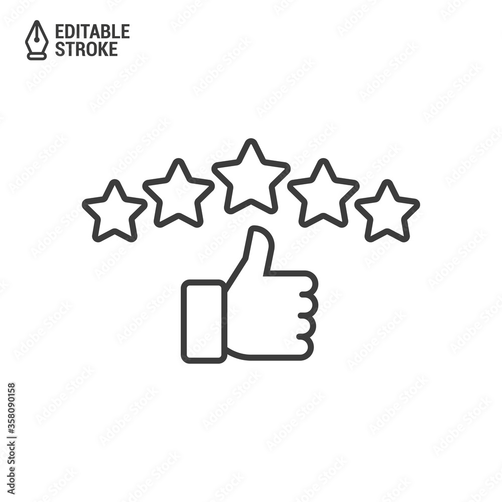 Customer review rating with 5 stars and thumb-up. Outline icon with editable stroke. Vector