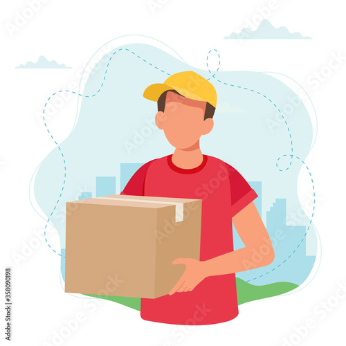 Delivery man holding a parcel box. Delivery service, fast and free shipping. Vector illustration in flat style