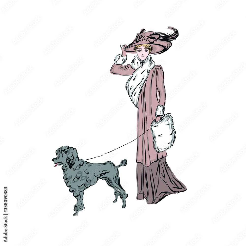 Αυτοκόλλητο Elegant woman in vintage style walking with dog