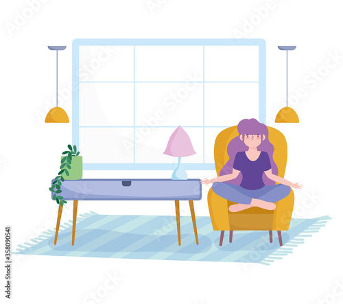 stay at home, girl making yoga meditating on chair in the room, self isolation, activities in quarantine for coronavirus
