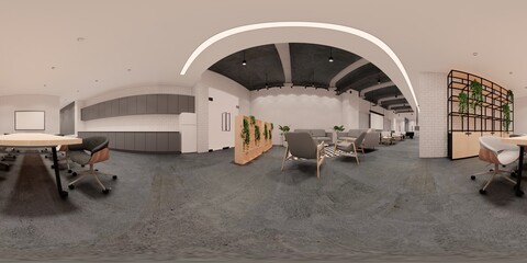 3d illustration spherical 360 vr degrees, a seamless panorama of the room and  office meeting room . interior design 3D rendering.reception in a modern panoramic office.