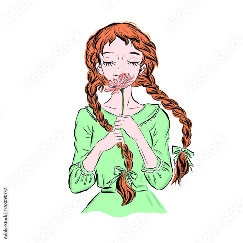 Girl in straw hat with two pigtails sniffs  flower. hand drawn vector clip art. illustration for vintage postcard or poster