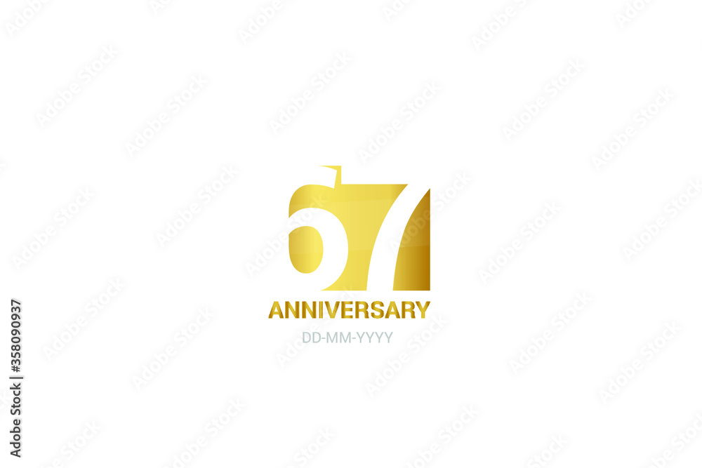 67 year anniversary, minimalist logo. Tenth years, jubilee, greeting card. Birthday invitation. year sign. Gold space vector illustration on white background - Vector