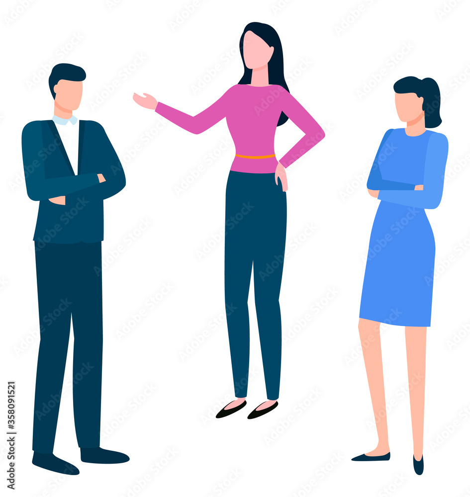 Man and woman colleagues, teamwork cooperation, group of people speaking. Portrait and full length view of workers discussing, employee character vector Man and woman colleagues, teamwork cooperation, group of people speaking. Portrait and full length view of workers discussing, employee character vector
