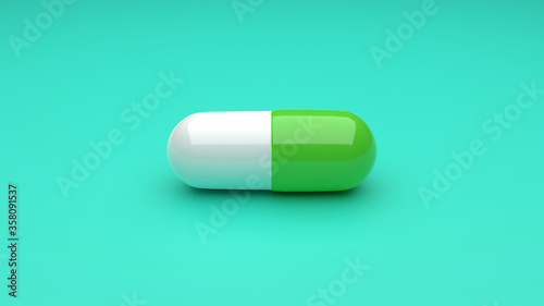 White-Green pills isolated on green background. 4K UHD. 3d rendering. 