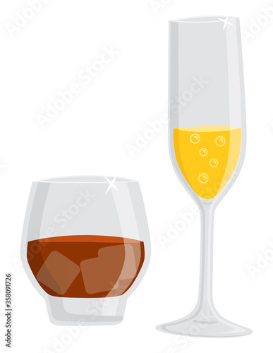 Alcohol poured in glass vector, isolated set of champagne with bubbles and dark rum. Beverage with ice, cold drink for partying and celebration flat style