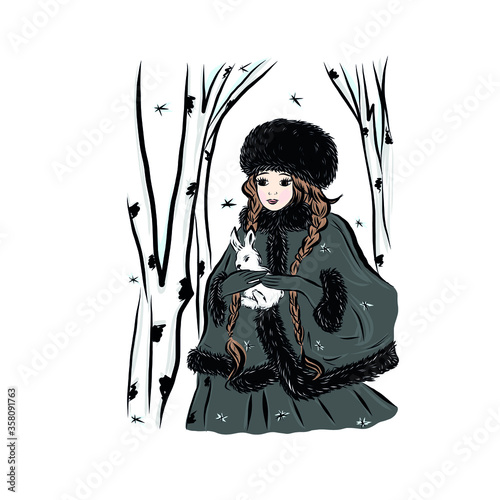 Girl walks in fur coat. Winter season. Merry Christmas. Child holds toy rabbit. Lady in vintage style from the nineteenth century. 