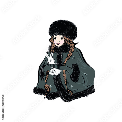 Girl walks in fur coat. Winter season. Merry Christmas. Child holds toy rabbit. Lady in vintage style from the nineteenth century. 