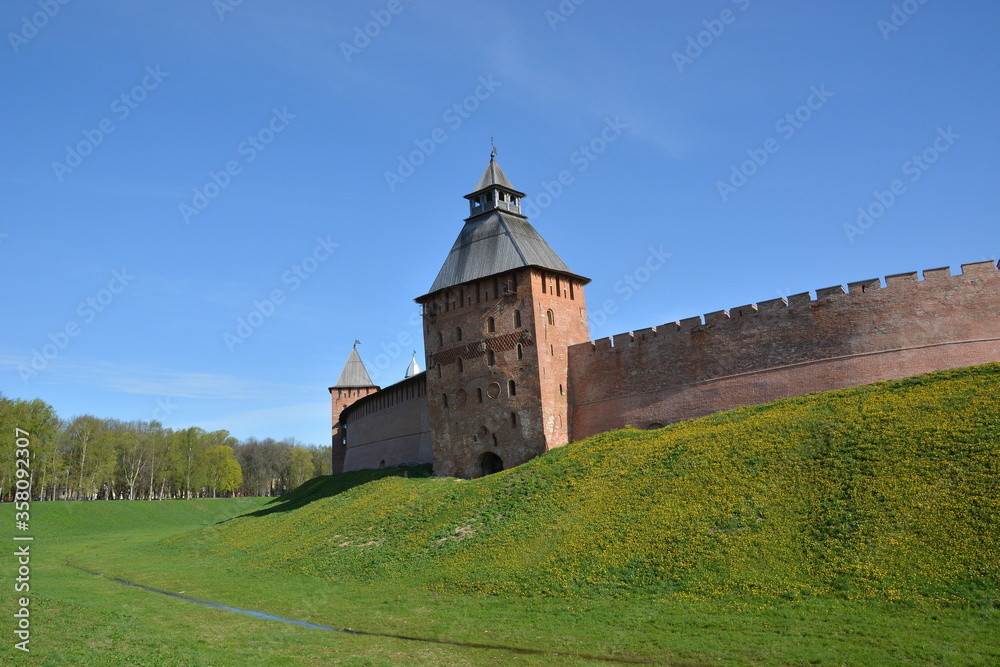 Summer view of the old Novgorod Kremlin. Great Novgorod. Medieval Fortress. Brick towers and wall.