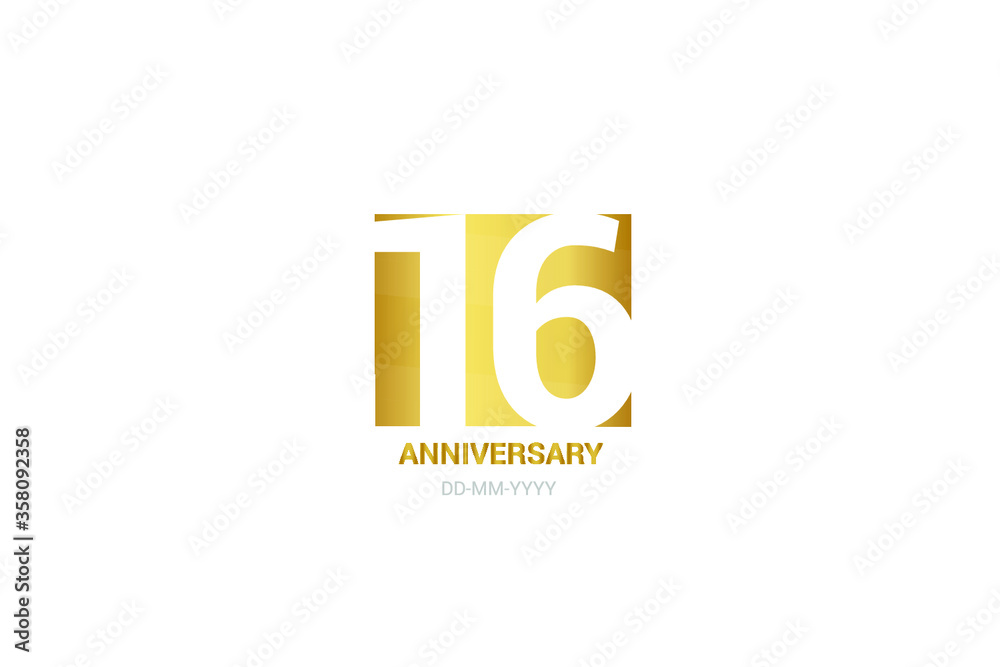 16 year anniversary, minimalist logo years, jubilee, greeting card. Birthday invitation. sign. Gold space vector illustration on white background - Vector