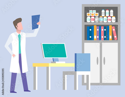Male doctor examining x-ray picture standing at his office near desk with computer. Medical consulting room interior. Radiology and healthcare vector