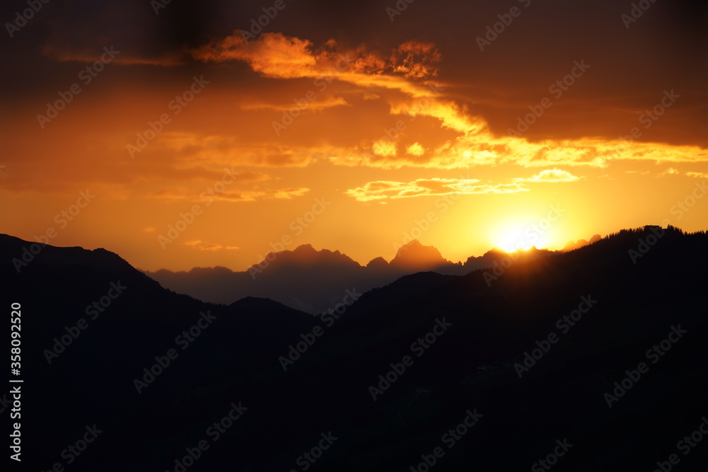 beautiful sunset on the mountains with view to the wilder kaiser in tirol austria beautiful sunset on the mountains with view to the wilder kaiser in tirol austria