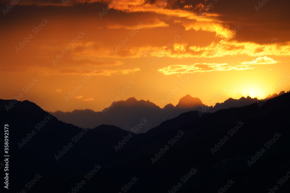 beautiful sunset on the mountains with view to the wilder kaiser in tirol austria