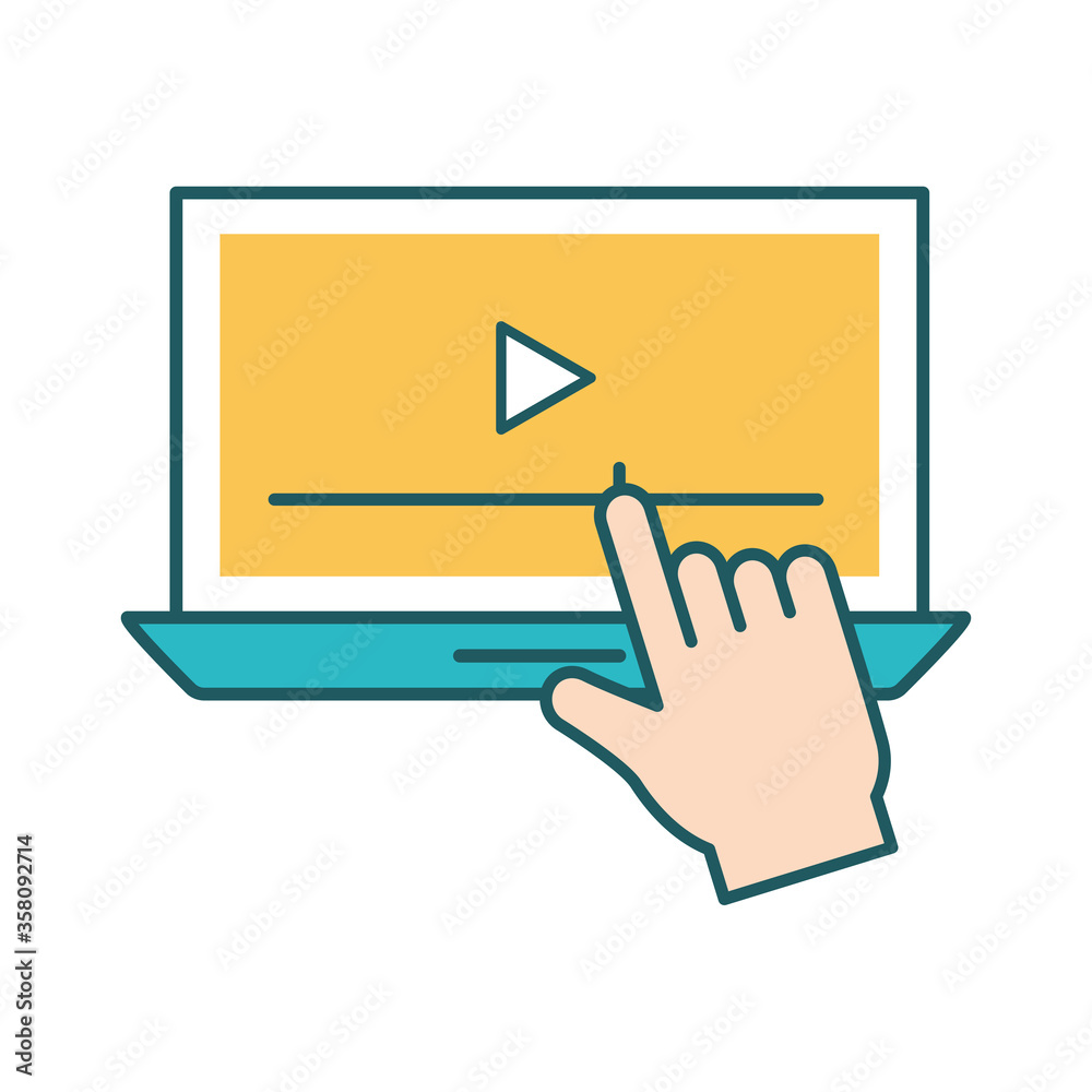 Play on laptop line and fill style icon design, Music movie cinema video film and media theme Vector illustration Play on laptop line and fill style icon design, Music movie cinema video film and media theme Vector illustration