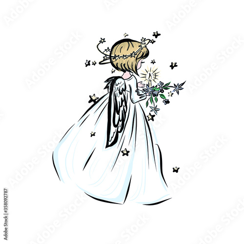 Christmas angel with burn candle. Coloring book with symbol of god of man. Happy baby. Concept of resurrection of Jesus Christ. Christmas, Easter design. 