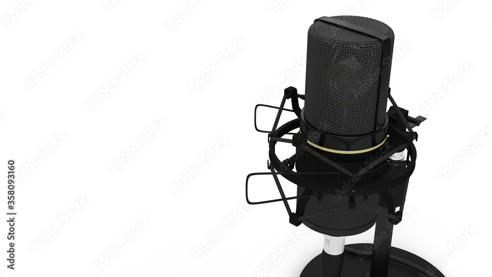 Black microphone 3d rendering isolated on white background.