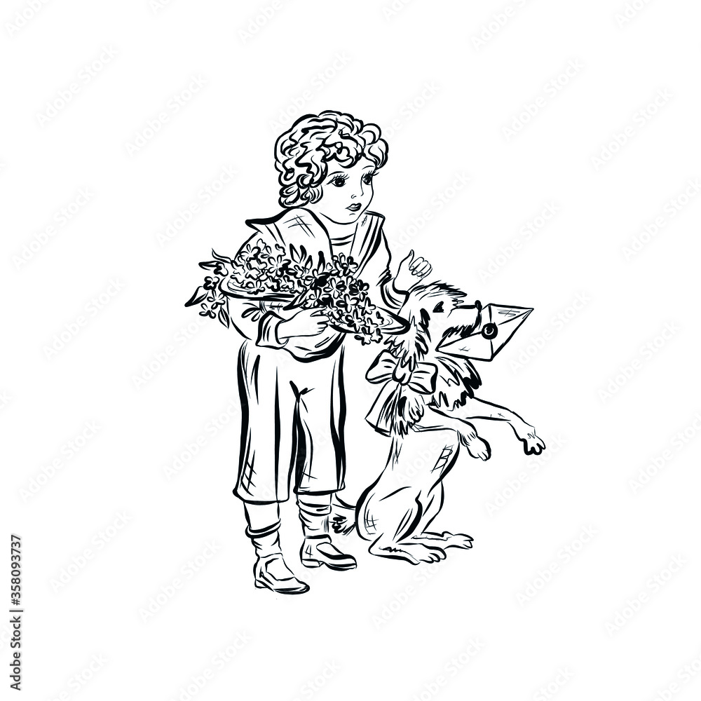 Fototapeta premium Engraving sketch of Boy with dog holding flowers and letter. Design for greeting card for birthday, Valentine's Day.