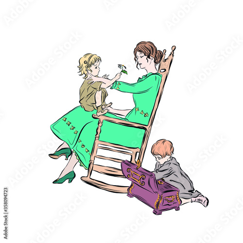 Mom sitting on rocking chair nurses one-year-old daughter. Boy sitting on the floor opens vintage chest. Woman in green dress in vintage style. Adorable children playing. 