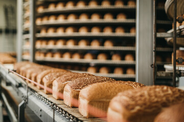 Papier peint photo Boulangerie Pains sur tapis roulant boulangerie  © Nander