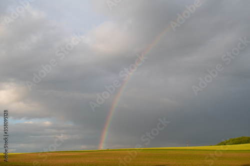 Cloudy sky after the rain. Rainbow. Natural seasonal, weather, climate, countryside beauty concept and background scene. Ecology