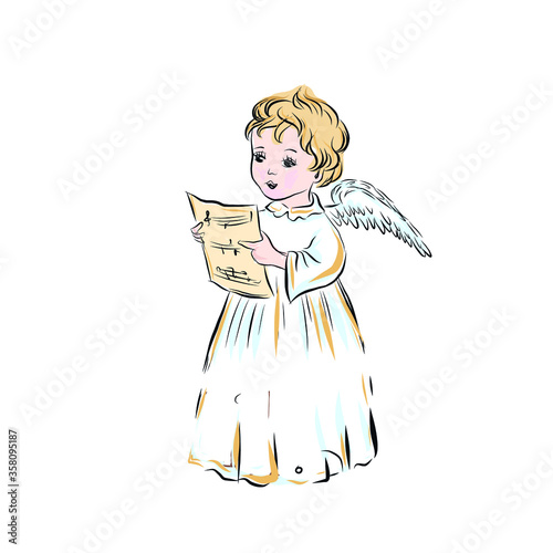 Angel god sings Сhristmas song use the notes. Guardian angel in beautiful style. Cartoon vector illustration. 