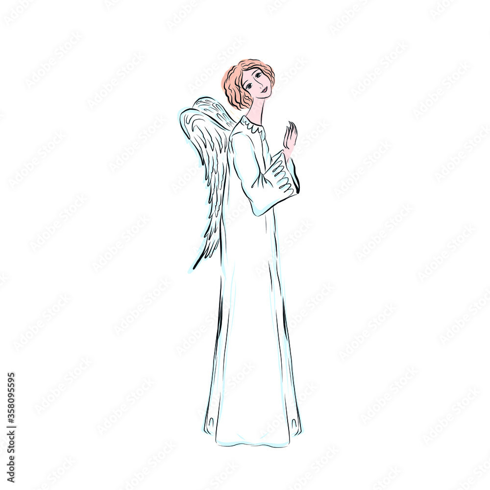 Angel prays to God. Divine heavenly symbol of the guardian angel of man. Character from Bible, Gospel. Design for Christmas and Easter. Adorable child with wings isolated on white background. Angel prays to God. Divine heavenly symbol of the guardian angel of man. Character from Bible, Gospel. Design for Christmas and Easter. Adorable child with wings isolated on white background.