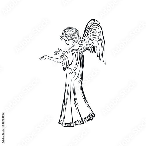 Angel prays to God. Divine heavenly symbol of the guardian angel of man. Character from Bible, Gospel. Design for Christmas and Easter. Adorable child with wings isolated on white background.