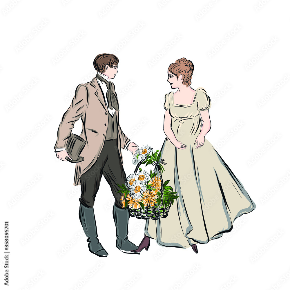 Fototapeta premium Romantic couple. Man gives to woman basket of flowers. Happy cheerful family. Vintage people. Bouquet with daisies and chrysanthemums. Gentleman and lady standing together isolated on white background