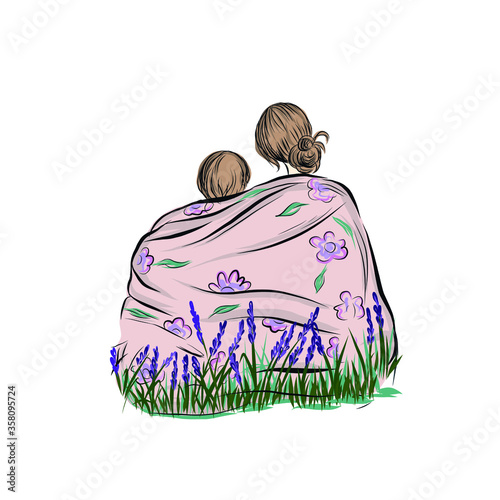 Mother and daughter hug each other. Family resting outdoors. Lavender meadow. 