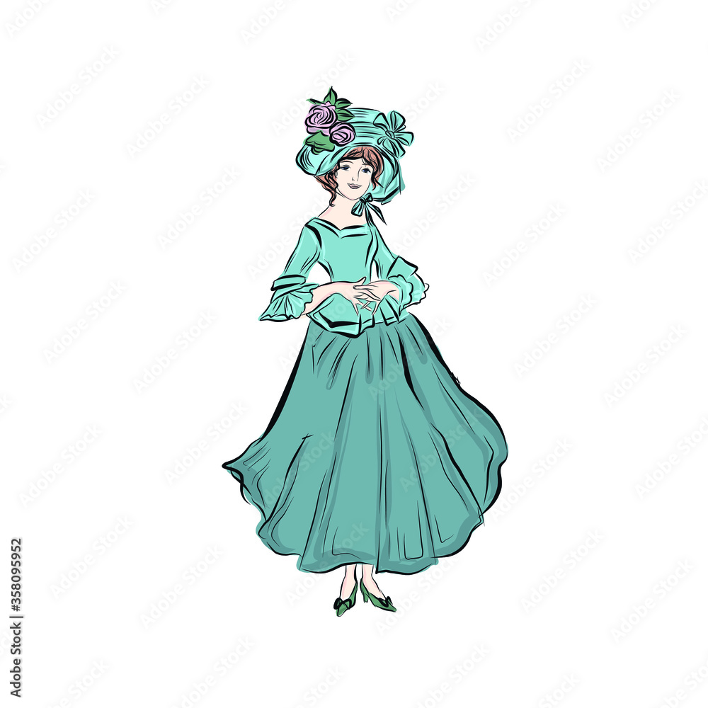 Attractive woman in turquoise ball gown and hat decorated with flowers. Retro character vintage lady in long puffy dress. Attractive woman in turquoise ball gown and hat decorated with flowers. Retro character vintage lady in long puffy dress.